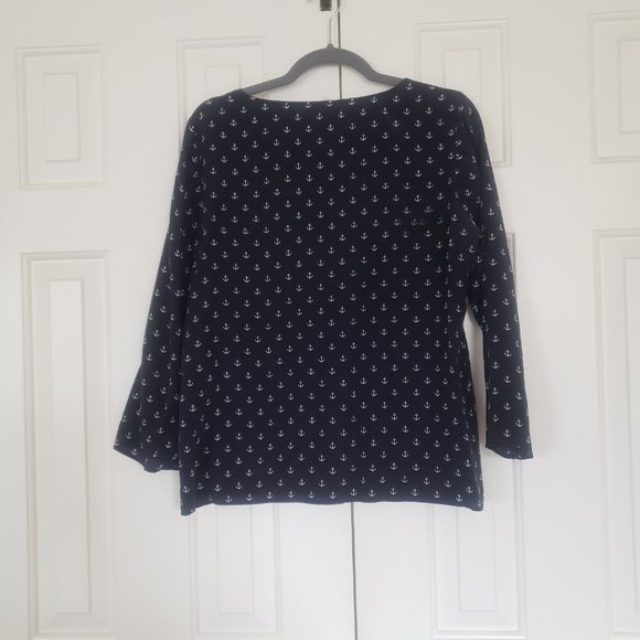 J Crew 100% Silk Nautical Blouse - Size 12 - Navy w/ Anchor Print - Picture 7 of 13